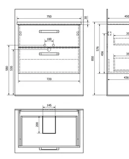 Koupelnový nábytek AQUALINE VEGA umyvadlová skříňka 72x57,6x43,8cm, 2x zásuvka, dub platin VG873