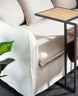 Luxusní a designové příruční stolky Estila Industriální příruční stolek pro laptop Maquina s černou kovovou konstrukcí a hnědým vakem pro odklad z eko kůže 65cm
