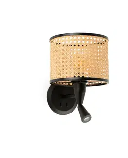 Nástěnné lampy ve skandinávském stylu FARO MAMBO černá/ratan nástěnná lampa se čtecí lampičkou pr.210