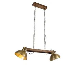 Zavesna svitidla Průmyslová závěsná lampa zlatá 2-světla se dřevem - Mango
