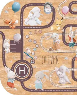 Korkové koberce Dětský koberec z korku - Akvarelová zvířátka, silnice a kolejnice