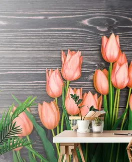 Samolepící tapety Samolepící fototapeta oranžové tulipány na dřevěném podkladu
