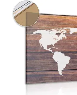 Obrazy na korku Obraz na korku mapa světa s dřevěným pozadím