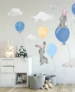 Zvířátka Velká nálepka na zeď modře žlutá zajíčková a balóny 100 x 200 cm