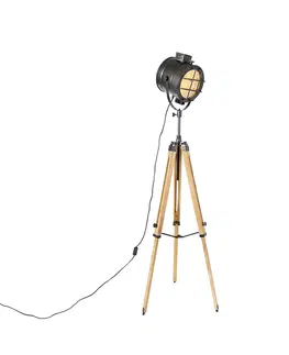 Stojaci lampy Stativová stojací lampa černá s dřevěným studiovým bodem - Lesklá