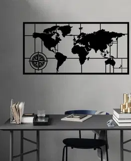 Bytové doplňky a dekorace Hanah Home Nástěnná kovová dekorace Mapa světa kompas II 121x60 cm černá