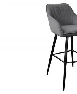 Luxusní barový nábytek Estila Moderní barová židle Vittel ze sametu v šedé barvě s černými kovovými nohami 102cm
