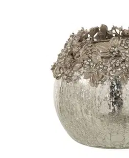 Svícny Skleněný svicen na čajovou svíčku se stříbrným zdobením a kamínky Luxy - Ø  8*11cm J-Line by Jolipa 7781
