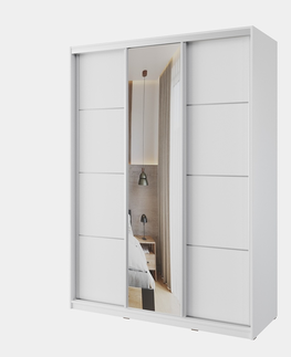 Šatní skříně Šatní skříň NEJBY BARNABA 150 cm s posuvnými dveřmi, zrcadlem,4 šuplíky a 2 šatními tyčemi,bílý lesk