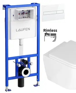 WC sedátka LAUFEN Rámový podomítkový modul CW1 SET s bílým tlačítkem + WC REA Carlo Mini Basic Rimless + SEDÁTKO H8946600000001BI CB1