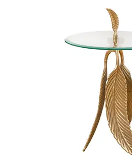 Luxusní a designové příruční stolky Estila Art-deco kulatý příruční stolek Pluma se skleněnou vrchní deskou a podstavou s designem pírek ve zlaté barvě 45 cm