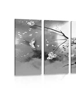 Černobílé obrazy 5-dílný obraz větve stromu za úplňku v černobílém provedení