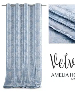 Záclony Závěs AmeliaHome Velvet Silver Leaves modrý, velikost 140x245