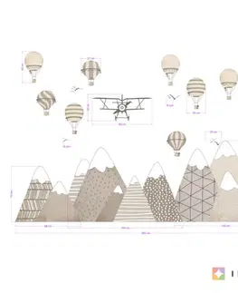 Samolepky na zeď Dětské samolepky na zeď - Kopce s horkovzdušnými balóny a letadlem