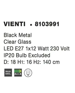 Designová závěsná svítidla NOVA LUCE závěsné svítidlo VIENTI čiré sklo a černý kov E27 1x12W 230V IP20 bez žárovky 8103991