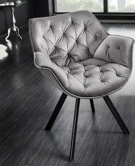 Luxusní jídelní židle Estila Designová otočná čalouněná židle Hetty se sametovým potahem s prošíváním v chesterfield stylu stříbrná šedá 67 cm