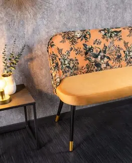 Stylové a luxusní lavice Estila Art-deco stylová lavice Floreque do předsíně se sametovým žlutým potahem s květinovým vzorem 130cm