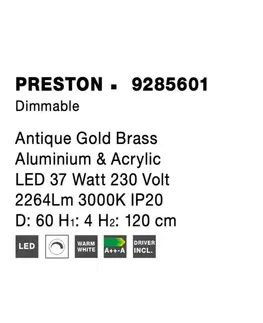 Designová závěsná svítidla NOVA LUCE závěsné svítidlo PRESTON antický zlatý mosazný hliník a akryl LED 37W 230V 3000K IP20 stmívatelné 9285601