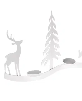 Vánoční dekorace Kovový svícen na čajové svíčky Sobi v lese bílá, 31,5 x 19,5 cm