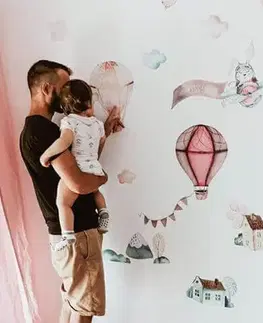 Samolepky na zeď Samolepky na zeď pro holčičky - Růžové balóny, zajíc a domy