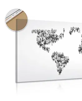 Obrazy na korku Obraz na korku mapa světa složená z lidí v černobílém provedení