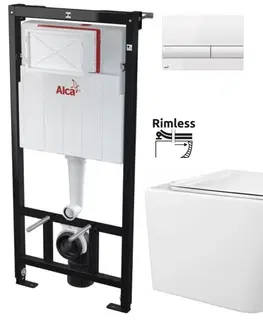 WC sedátka ALCADRAIN Sádromodul předstěnový instalační systém s bílým tlačítkem M1710 + WC REA Raul Rimless + SEDÁTKO AM101/1120 M1710 RA1