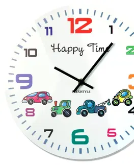 Dětské nástěnné hodiny Bílé hodiny na stěnu do dětského pokoje s barevným ciferníkem a autíčky