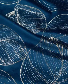 Dekorační ubrusy Sametový středový ubrus s lesklým modrým potiskem listů
