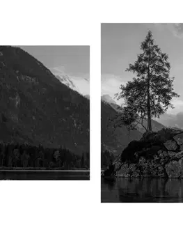 Černobílé obrazy 5-dílný obraz černobílá horská krajina u jezera