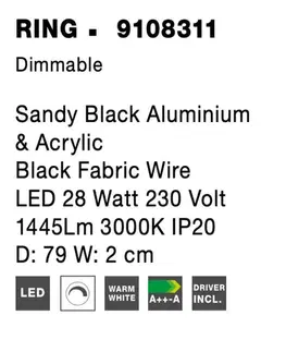 LED nástěnná svítidla NOVA LUCE nástěnné svítidlo RING černý hliník a akryl černý kabel LED 28W 230V 3000K IP20 stmívatelné 9108311