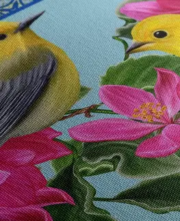 Obrazy zátiší Obraz ptáčky a květiny ve vintage provedení