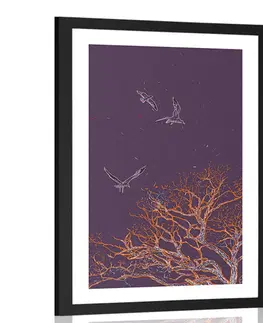 Motivy z naší dílny Plakát s paspartou přelet ptáků nad stromem