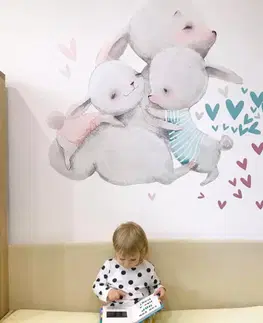 Samolepky na zeď Dětské samolepky na zeď - Rodinka zajíčků se srdíčky