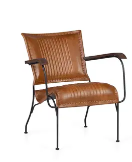Luxusní a designová křesla a fotely Estila Luxusní vintage křeslo Marione II s potahem z pravé kůže v hnědém provedení s kovovou konstrukcí a dřevěnými područkami 75cm