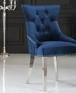 Luxusní jídelní židle Estila Zámecká chesterfield židle Eleanor v modré barvě ze sametu 97cm