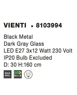 Designová závěsná svítidla NOVA LUCE závěsné svítidlo VIENTI tmavě šedé sklo a černý kov E27 3x12W 230V IP20 bez žárovky 8103994