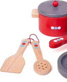Dětské kuchyňky Bigjigs Toys Dřevěný set nádobí POLKA DOTS červeno-šedý