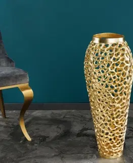 Luxusní a designové vázy a láhve Estila Designová váza Hoja v art deco stylu s kovovou konstrukcí zlaté barvy 65cm