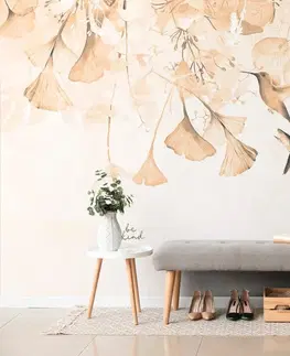 Samolepící tapety Samolepící tapeta listy s kolibříky v odstínu Peach Fuzz