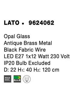 Designová závěsná svítidla NOVA LUCE závěsné svítidlo LATO opálové sklo antický mosazný kov černý kabel E27 1x12W 230V IP20 bez žárovky 9624062