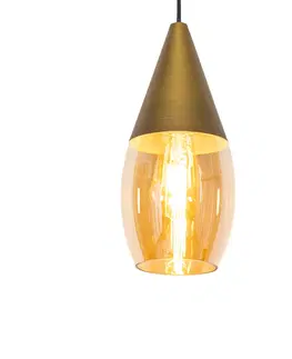 Zavesna svitidla Moderní závěsná lampa zlatá s jantarovým sklem - Drop
