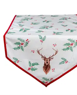 Ubrusy Běhoun na stůl Holly Christmas s červeným lemem a jelenem - 50*160 cm Clayre & Eef HCH65