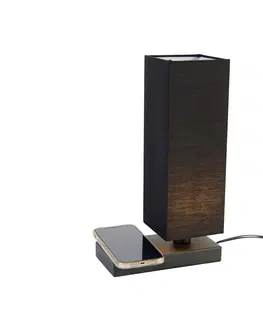 Stolni lampy Černá stolní lampa s černým stínidlem s dotykovou a indukční nabíječkou - Romina
