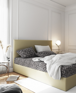 Postele Čalouněná postel CESMIN 140x200 cm, šedá se vzorem/krémová