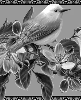 Černobílé obrazy Obraz černobílé ptáčky a květiny ve vintage provedení