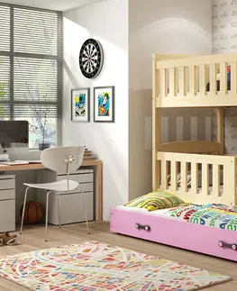 Postele BMS Dětská patrová postel s přistýlkou KUBUŠ 3 | borovice Barva: Borovice / růžová, Rozměr: 200 x 90 cm