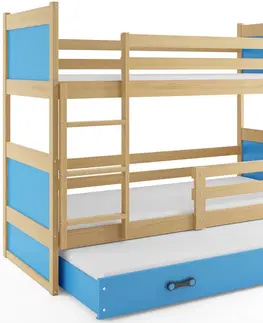 Postele BMS Dětská patrová postel s přistýlkou RICO 3 | borovice 80 x 160 cm Barva: Modrá