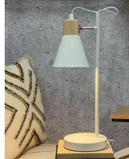 Lampičky Kovová stolní lampa s dřevěným podstavcem Solano bílá, 14 x 47 cm