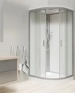 Sprchové vaničky MEREO Sprchový box, čtvrtkruh, 90 cm, satin ALU, sklo Point, zadní stěny bílé, litá vanička, se stříškou CK35122KMSW