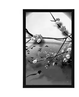 Černobílé Plakát větve stromu za úplňku měsíce v černobílém provedení